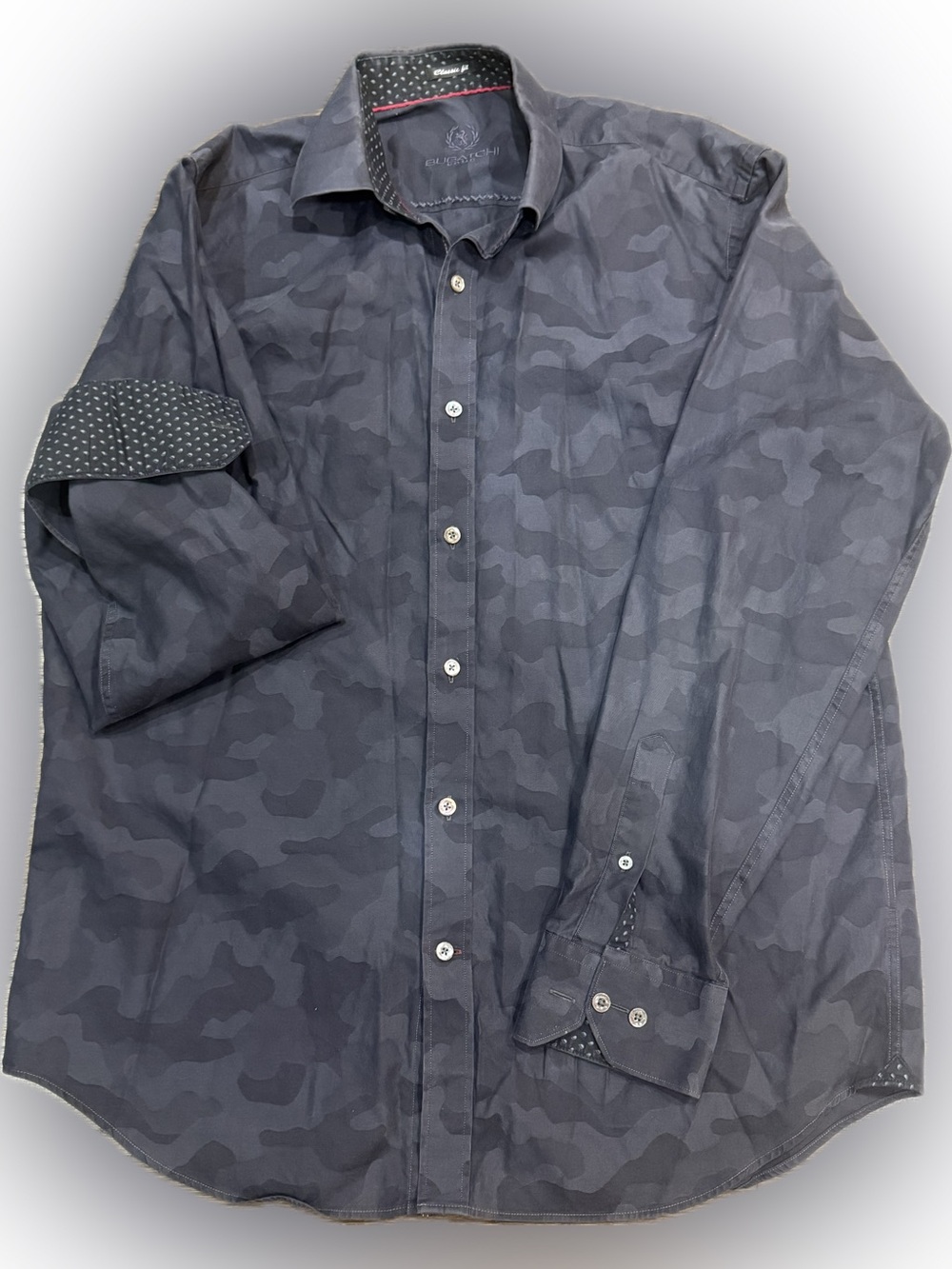 Bugatchi Men's Charcoal Gray Camo Dress Shirt | Sz